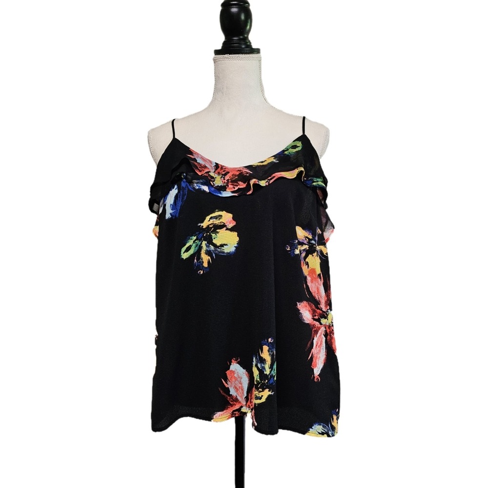 Mossimo Black Floral Ruffle Spaghetti Strap Tank Top Size M Y2K Artsy Tropical